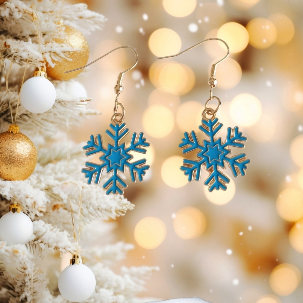 Blue Fernlike Stellar Snowflake Earrings